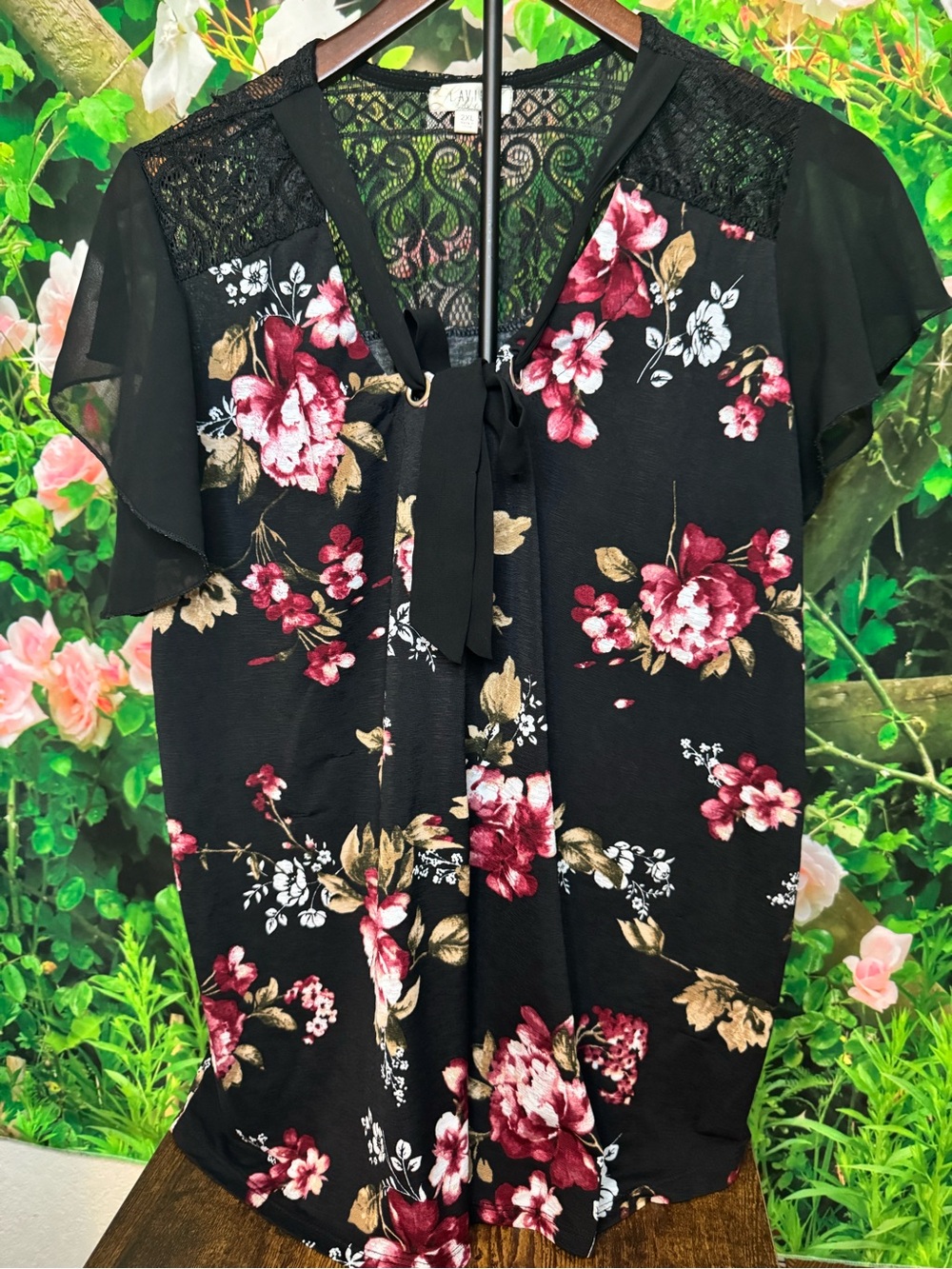 Lavish Black Floral Tie-Neck Lace Yoke Blouse